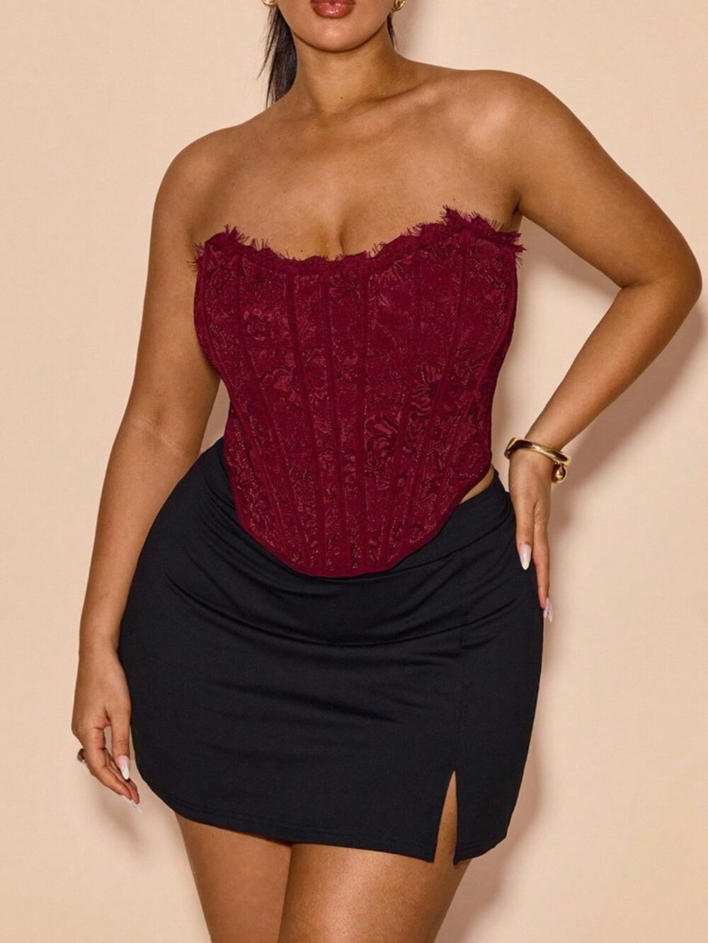 Burgundy Casual Women's Plus Size Asymmetrical Lace Up Crop Top